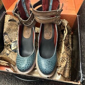 Freebird Teal and Brown Heeled Sandals